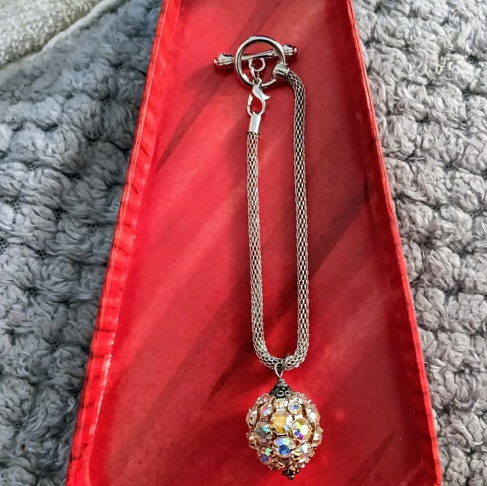 New Crystal Ball Charm Silvertone Mesh Bracelet
